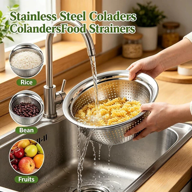 Alt view image 6 of 7 - 4-Piece Stainless Steel Mixing Bowls and Microporous Colanders Set, 3QT & 5QT Nesting Bowls with Fine Drain Strainers for Washing Rice, Fruits, Vegetables, Pasta, and More