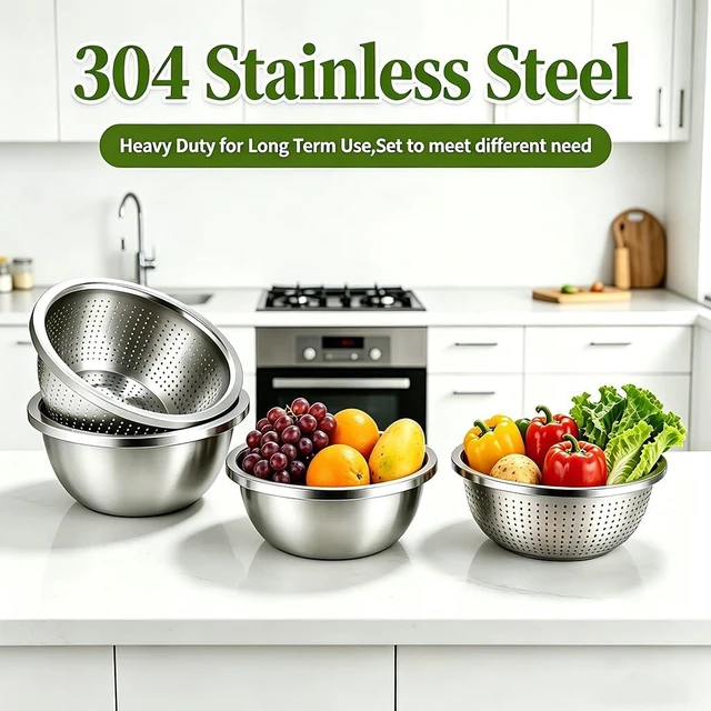 Alt view image 7 of 7 - 4-Piece Stainless Steel Mixing Bowls and Microporous Colanders Set, 3QT & 5QT Nesting Bowls with Fine Drain Strainers for Washing Rice, Fruits, Vegetables, Pasta, and More