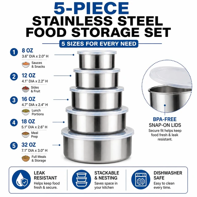 Alt view image 2 of 7 - 5-Piece Stainless Steel Food Storage Containers with Lids, Nesting Metal Bowls Set, Lightweight, BPA-Free Lids, Meal Prep & Leftovers, Freezer & Dishwasher Safe (8oz, 12oz, 16oz, 18oz, 32oz)