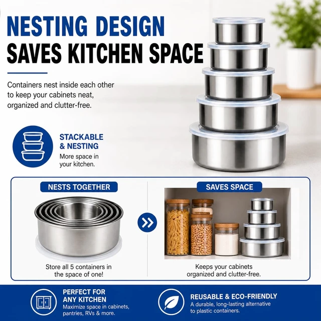 Alt view image 3 of 7 - 5-Piece Stainless Steel Food Storage Containers with Lids, Nesting Metal Bowls Set, Lightweight, BPA-Free Lids, Meal Prep & Leftovers, Freezer & Dishwasher Safe (8oz, 12oz, 16oz, 18oz, 32oz)