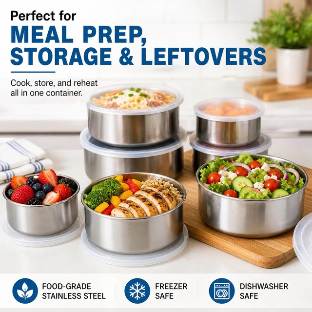 Alt view image 4 of 7 - 5-Piece Stainless Steel Food Storage Containers with Lids, Nesting Metal Bowls Set, Lightweight, BPA-Free Lids, Meal Prep & Leftovers, Freezer & Dishwasher Safe (8oz, 12oz, 16oz, 18oz, 32oz)