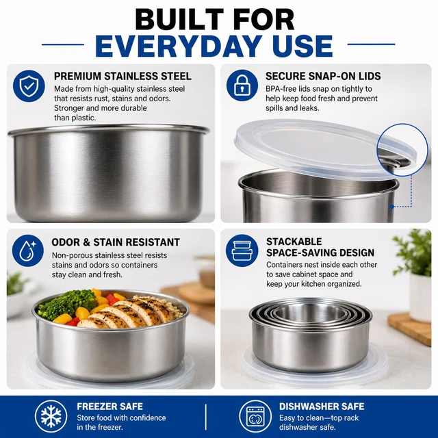 Alt view image 5 of 7 - 5-Piece Stainless Steel Food Storage Containers with Lids, Nesting Metal Bowls Set, Lightweight, BPA-Free Lids, Meal Prep & Leftovers, Freezer & Dishwasher Safe (8oz, 12oz, 16oz, 18oz, 32oz)