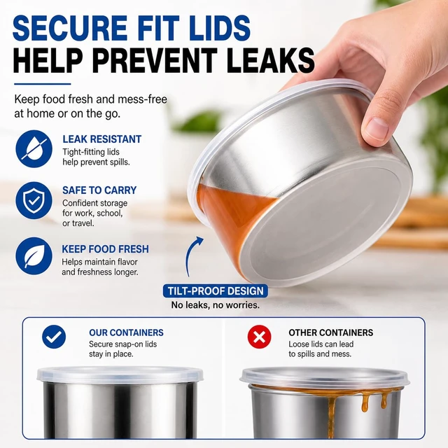 Alt view image 6 of 7 - 5-Piece Stainless Steel Food Storage Containers with Lids, Nesting Metal Bowls Set, Lightweight, BPA-Free Lids, Meal Prep & Leftovers, Freezer & Dishwasher Safe (8oz, 12oz, 16oz, 18oz, 32oz)