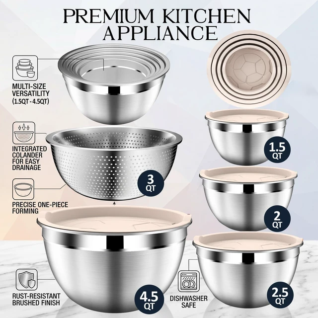 Alt view image 2 of 7 - Stainles Steel Mixing Bowls with Lids Set, Stackable Metal Mixing & Serving Bowl with Strainer, 5-Piece - Beige