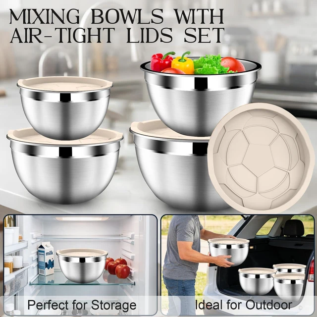 Alt view image 3 of 7 - Stainles Steel Mixing Bowls with Lids Set, Stackable Metal Mixing & Serving Bowl with Strainer, 5-Piece - Beige