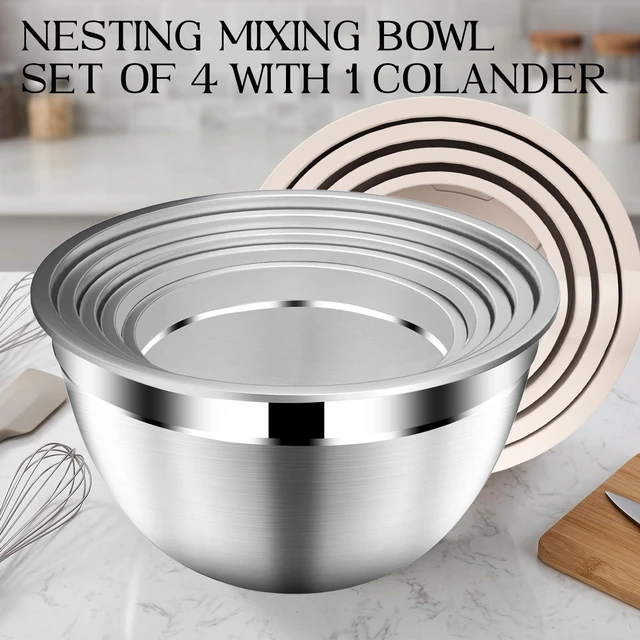 Alt view image 4 of 7 - Stainles Steel Mixing Bowls with Lids Set, Stackable Metal Mixing & Serving Bowl with Strainer, 5-Piece - Beige