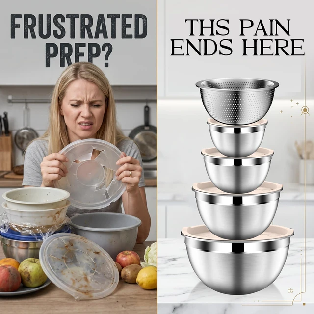Alt view image 7 of 7 - Stainles Steel Mixing Bowls with Lids Set, Stackable Metal Mixing & Serving Bowl with Strainer, 5-Piece - Beige