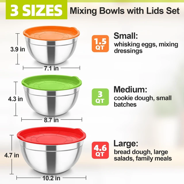 Alt view image 2 of 7 - Mixing Bowls, Stainless Steel Nesting Salad Bowls & Airtight Lids | For Serving/Mixing/Storing, Healthy & Long-lasting, Dishwasher Safe & Easy Clean, 4.6/3 / 1.5 QT, Colorful