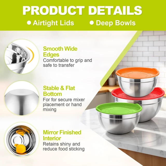 Alt view image 3 of 7 - Mixing Bowls, Stainless Steel Nesting Salad Bowls & Airtight Lids | For Serving/Mixing/Storing, Healthy & Long-lasting, Dishwasher Safe & Easy Clean, 4.6/3 / 1.5 QT, Colorful