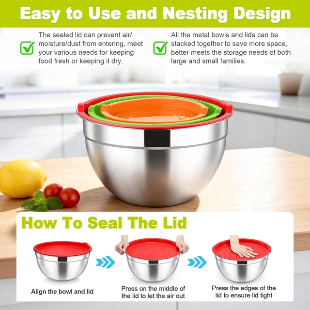 Alt view image 7 of 7 - Mixing Bowls, Stainless Steel Nesting Salad Bowls & Airtight Lids | For Serving/Mixing/Storing, Healthy & Long-lasting, Dishwasher Safe & Easy Clean, 4.6/3 / 1.5 QT, Colorful