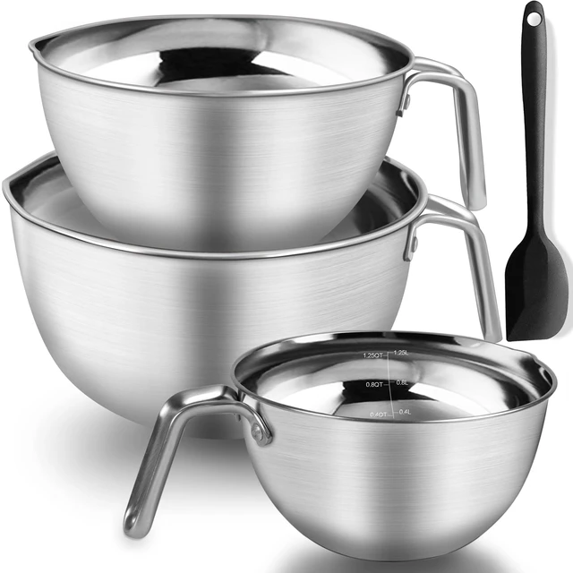 Main image of 3PCS Stainless Steel Mixing Bowls ,Nesting Bowls With Silicone Spatula | 304 food-grade steel, rust-resistant. 3 sizes:1.1/1.8/2.3qt for mixing, salads, melting. Dishwasher & freezer safe