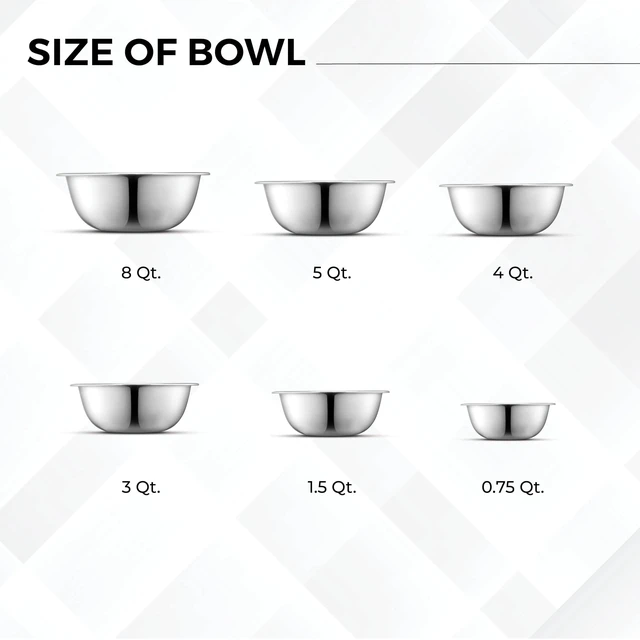 Alt view image 3 of 7 - Set of 6 Premium Stainless Steel Mixing Bowls Set, Easy To Clean, Space Saving Nestable Design, Great for Cooking, Baking, Prepping (0.75qt, 1.5qt, 3qt, 4qt, 5qt, 8qt)