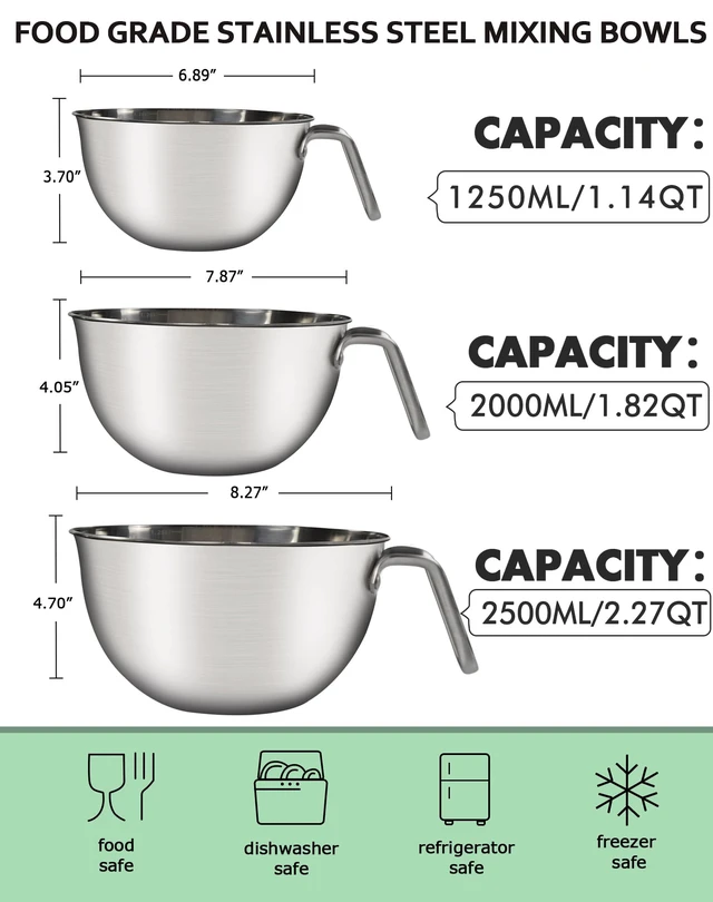 Alt view image 3 of 7 - 3PCS Stainless Steel Mixing Bowls ,Nesting Bowls With Silicone Spatula | 304 food-grade steel, rust-resistant. 3 sizes:1.1/1.8/2.3qt for mixing, salads, melting. Dishwasher & freezer safe