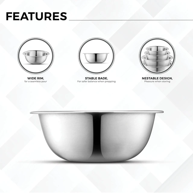 Alt view image 5 of 7 - Set of 6 Premium Stainless Steel Mixing Bowls Set, Easy To Clean, Space Saving Nestable Design, Great for Cooking, Baking, Prepping (0.75qt, 1.5qt, 3qt, 4qt, 5qt, 8qt)