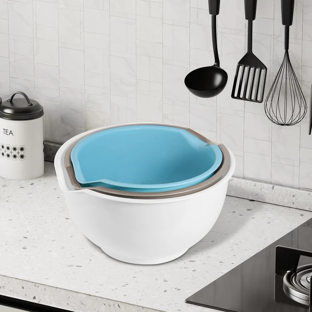 Alt view image 3 of 7 - 3pcs Mixing Bowls with Pour Spout-Nesting Design Saves Space - Non-Slip, BPA Free, Dishwasher Safe Plastic - Kitchen Cooking and Baking Supplies (White)