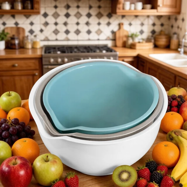 Alt view image 4 of 7 - 3pcs Mixing Bowls with Pour Spout-Nesting Design Saves Space - Non-Slip, BPA Free, Dishwasher Safe Plastic - Kitchen Cooking and Baking Supplies (White)