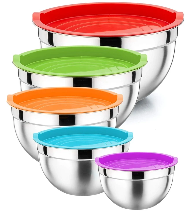 Main image of Metal Mixing Bowls with Lids Set, Airtight Lids & Multicolor | 5 PCS Stainless Steel Mixing Nesting Bowls for Kitchen Prepping, Storing, Healthy & Easy Clean, Size 4.6, 3, 1.5, 1, 0.7 QT