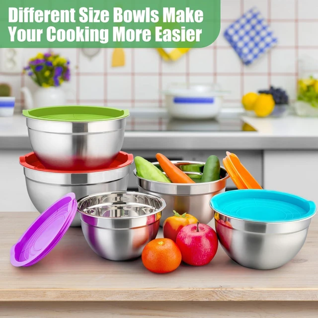 Alt view image 2 of 7 - Metal Mixing Bowls with Lids Set, Airtight Lids & Multicolor | 5 PCS Stainless Steel Mixing Nesting Bowls for Kitchen Prepping, Storing, Healthy & Easy Clean, Size 4.6, 3, 1.5, 1, 0.7 QT