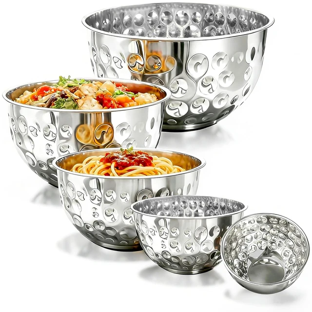 Main image of Stainless Steel Mixing Bowls Set of 5 | 4.9/4.2/3.2/2.1/1.6QT Multi-Size Food-grade Silver Metal Hammered Bowl Set for Kitchen Meal Prep, Baking, Movie Night, Party