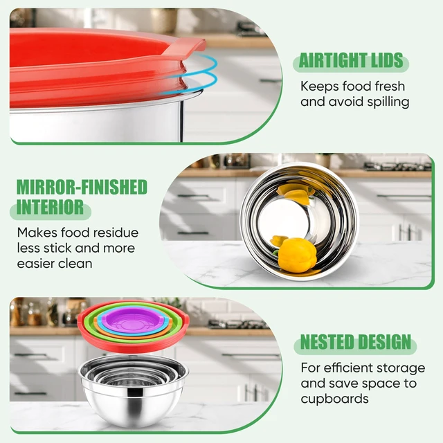 Alt view image 3 of 7 - Metal Mixing Bowls with Lids Set, Airtight Lids & Multicolor | 5 PCS Stainless Steel Mixing Nesting Bowls for Kitchen Prepping, Storing, Healthy & Easy Clean, Size 4.6, 3, 1.5, 1, 0.7 QT