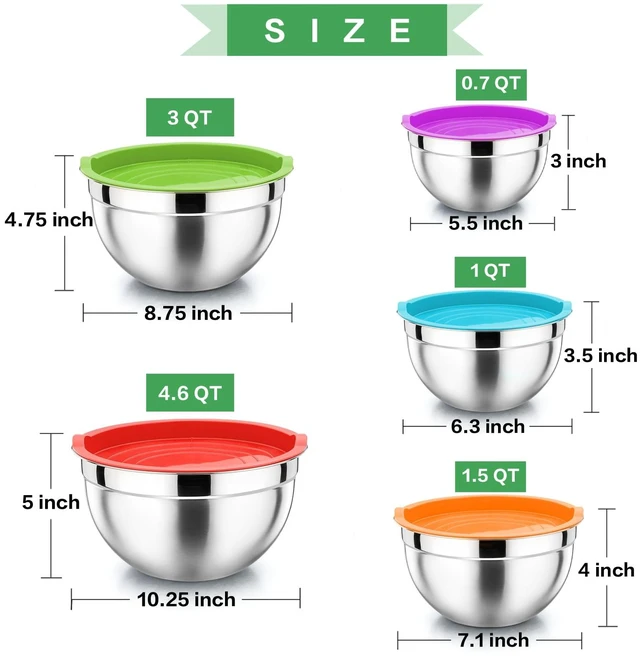 Alt view image 4 of 7 - Metal Mixing Bowls with Lids Set, Airtight Lids & Multicolor | 5 PCS Stainless Steel Mixing Nesting Bowls for Kitchen Prepping, Storing, Healthy & Easy Clean, Size 4.6, 3, 1.5, 1, 0.7 QT