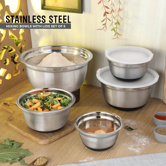 Alt view image 7 of 7 - Premium Stainless Steel Mixing Bowls with Lids Non-Slip, Set of 5 Mixing Bowl Set with Silicone Base, Space Saving, Great for Cooking, Baking, Prepping (0.25qt, 1qt, 1.5qt, 3qt, 5qt)