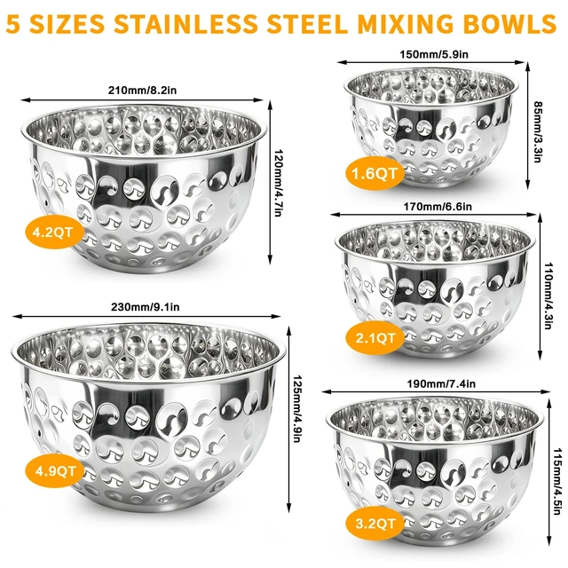 Alt view image 2 of 7 - Stainless Steel Mixing Bowls Set of 5 | 4.9/4.2/3.2/2.1/1.6QT Multi-Size Food-grade Silver Metal Hammered Bowl Set for Kitchen Meal Prep, Baking, Movie Night, Party