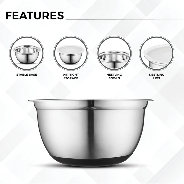 Alt view image 6 of 7 - Premium Stainless Steel Mixing Bowls with Lids Non-Slip, Set of 5 Mixing Bowl Set with Silicone Base, Space Saving, Great for Cooking, Baking, Prepping (0.25qt, 1qt, 1.5qt, 3qt, 5qt)