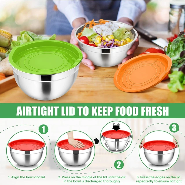 Alt view image 7 of 7 - Metal Mixing Bowls with Lids Set, Airtight Lids & Multicolor | 5 PCS Stainless Steel Mixing Nesting Bowls for Kitchen Prepping, Storing, Healthy & Easy Clean, Size 4.6, 3, 1.5, 1, 0.7 QT