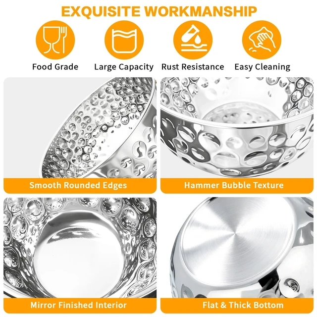 Alt view image 3 of 7 - Stainless Steel Mixing Bowls Set of 5 | 4.9/4.2/3.2/2.1/1.6QT Multi-Size Food-grade Silver Metal Hammered Bowl Set for Kitchen Meal Prep, Baking, Movie Night, Party
