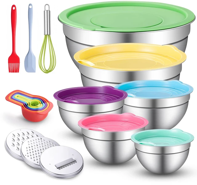 Main image of Stainless Steel Mixing Bowls with Lids Set, 3 Grater Inserts | 6 nesting stainless steel bowls, 0.7-4 QT, 6 lids, 3 grater inserts, measuring set, spatula and brush for prep and baking