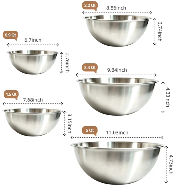 Alt view image 2 of 7 - 5Piece Stainless Steel Mixing Bowls Set, 0.9Qt - 5Qt Nestable Stackable Bowls, Dishwasher Safe, Multipurpose Prep Bowls for Apartment, Family & Camping