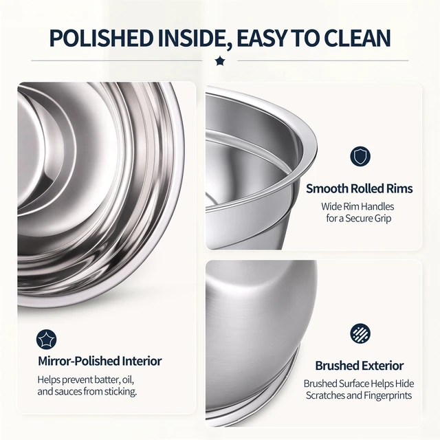 Alt view image 4 of 7 - Stainless Steel Mixing Bowls with Lids Set, 3 Grater Inserts | 6 nesting stainless steel bowls, 0.7-4 QT, 6 lids, 3 grater inserts, measuring set, spatula and brush for prep and baking