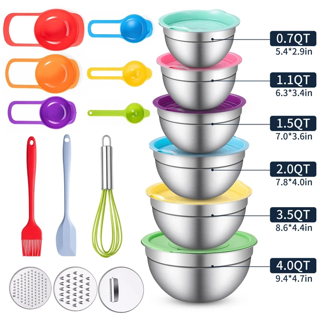 Alt view image 2 of 7 - Stainless Steel Mixing Bowls with Lids Set, 3 Grater Inserts | 6 nesting stainless steel bowls, 0.7-4 QT, 6 lids, 3 grater inserts, measuring set, spatula and brush for prep and baking