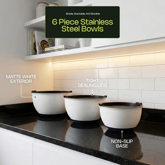 Alt view image 2 of 7 - Caldwell Kitchen 3pc Stainless Steel Mixing Bowls w/ Lids & Measurement Marks Off-White - Non-Slip Base - Nesting Kitchen Bowl Set