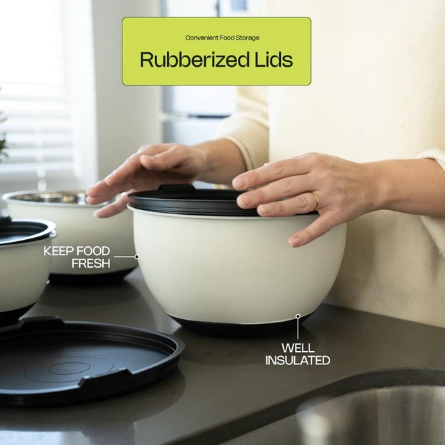 Alt view image 5 of 7 - Caldwell Kitchen 3pc Stainless Steel Mixing Bowls w/ Lids & Measurement Marks Off-White - Non-Slip Base - Nesting Kitchen Bowl Set