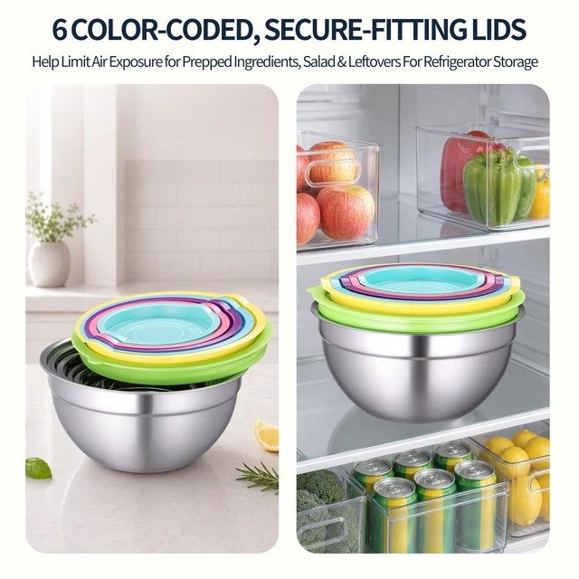 Alt view image 5 of 7 - Stainless Steel Mixing Bowls with Lids Set, 3 Grater Inserts | 6 nesting stainless steel bowls, 0.7-4 QT, 6 lids, 3 grater inserts, measuring set, spatula and brush for prep and baking