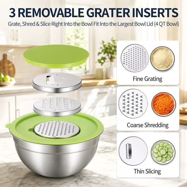Alt view image 3 of 7 - Stainless Steel Mixing Bowls with Lids Set, 3 Grater Inserts | 6 nesting stainless steel bowls, 0.7-4 QT, 6 lids, 3 grater inserts, measuring set, spatula and brush for prep and baking