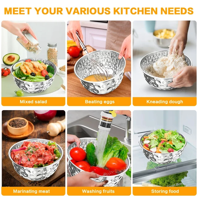 Alt view image 5 of 7 - Stainless Steel Mixing Bowls Set of 5 | 4.9/4.2/3.2/2.1/1.6QT Multi-Size Food-grade Silver Metal Hammered Bowl Set for Kitchen Meal Prep, Baking, Movie Night, Party