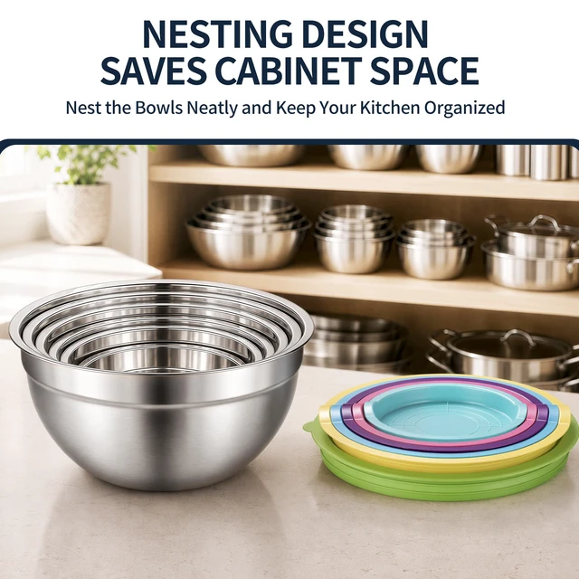 Alt view image 7 of 7 - Stainless Steel Mixing Bowls with Lids Set, 3 Grater Inserts | 6 nesting stainless steel bowls, 0.7-4 QT, 6 lids, 3 grater inserts, measuring set, spatula and brush for prep and baking