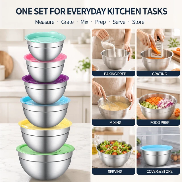 Alt view image 6 of 7 - Stainless Steel Mixing Bowls with Lids Set, 3 Grater Inserts | 6 nesting stainless steel bowls, 0.7-4 QT, 6 lids, 3 grater inserts, measuring set, spatula and brush for prep and baking