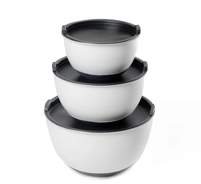 Main image of Caldwell Kitchen 3pc Stainless Steel Mixing Bowls w/ Lids & Measurement Marks Off-White - Non-Slip Base - Nesting Kitchen Bowl Set