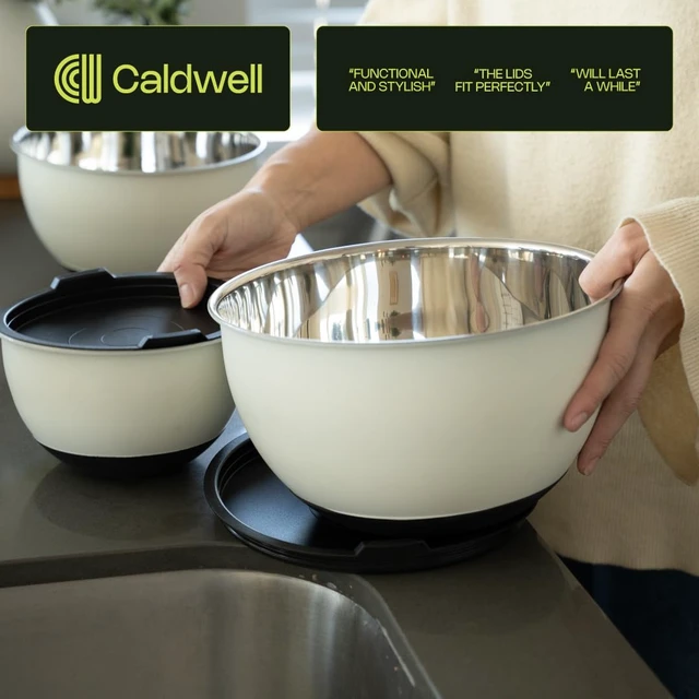 Alt view image 7 of 7 - Caldwell Kitchen 3pc Stainless Steel Mixing Bowls w/ Lids & Measurement Marks Off-White - Non-Slip Base - Nesting Kitchen Bowl Set