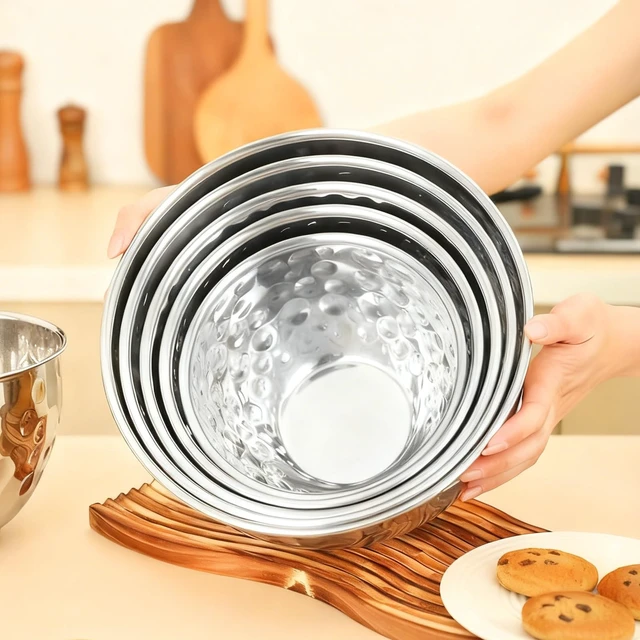 Alt view image 6 of 7 - Stainless Steel Mixing Bowls Set of 5 | 4.9/4.2/3.2/2.1/1.6QT Multi-Size Food-grade Silver Metal Hammered Bowl Set for Kitchen Meal Prep, Baking, Movie Night, Party