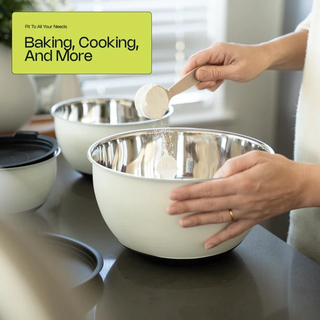 Alt view image 3 of 7 - Caldwell Kitchen 3pc Stainless Steel Mixing Bowls w/ Lids & Measurement Marks Off-White - Non-Slip Base - Nesting Kitchen Bowl Set
