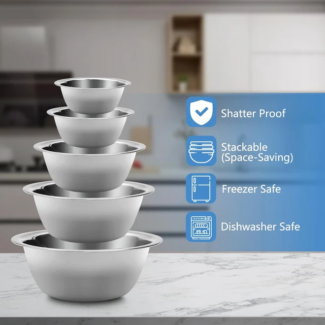 Alt view image 3 of 6 - Mixing Bowl Set of 5, Stainless Steel Mixing Bowls, Nesting Whisking Bowl Set for Cooking, Baking, Serving, Food/Salad Prep