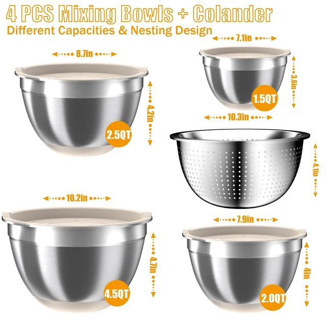 Alt view image 2 of 7 - Mixing Bowls with Airtight Lids Set, 4 Stainless Steel Bowls Nesting Bowls & Colander, Kitchen Organizers and Storage Non-Slip Bottom, Size 1.5/2.0/2.5/4.5QT, Great for Mixing & Serving, Khaki