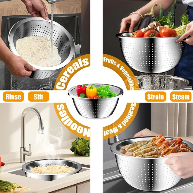 Alt view image 3 of 7 - Mixing Bowls with Airtight Lids Set, 4 Stainless Steel Bowls Nesting Bowls & Colander, Kitchen Organizers and Storage Non-Slip Bottom, Size 1.5/2.0/2.5/4.5QT, Great for Mixing & Serving, Khaki