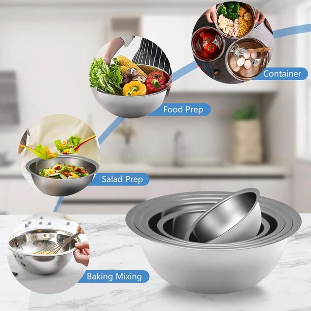 Alt view image 6 of 6 - Mixing Bowl Set of 5, Stainless Steel Mixing Bowls, Nesting Whisking Bowl Set for Cooking, Baking, Serving, Food/Salad Prep