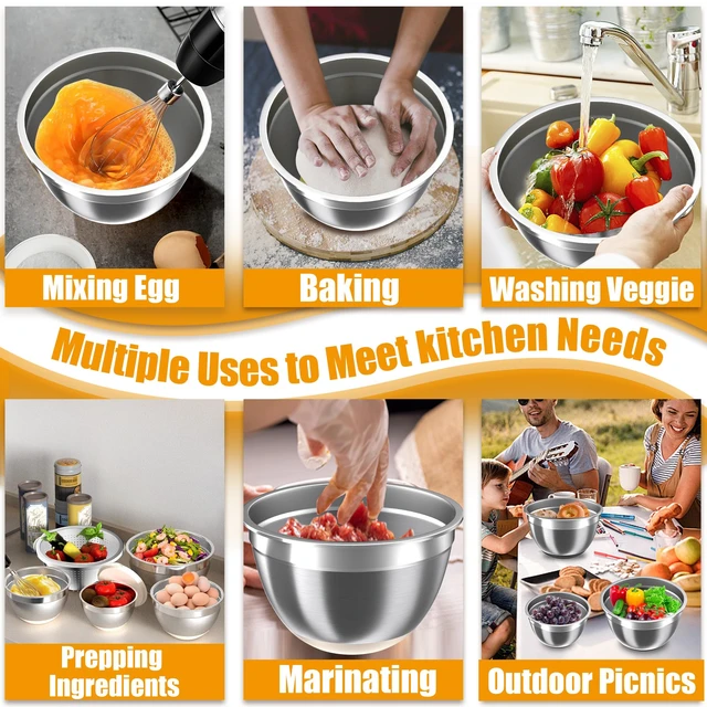 Alt view image 5 of 7 - Mixing Bowls with Airtight Lids Set, 4 Stainless Steel Bowls Nesting Bowls & Colander, Kitchen Organizers and Storage Non-Slip Bottom, Size 1.5/2.0/2.5/4.5QT, Great for Mixing & Serving, Khaki